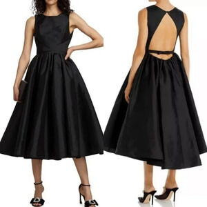 NEW AMSALE Taffeta Backless Bow Fit Flare Black Midi Dress Size 8